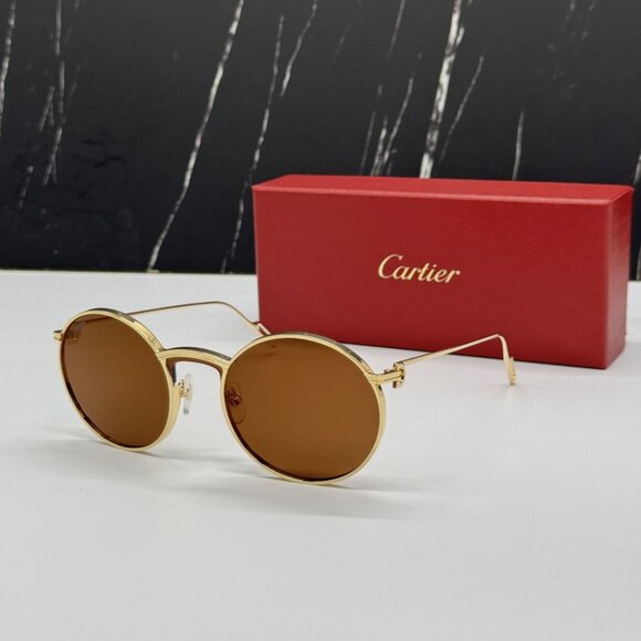 NEW CT0274S 002 CARTIER GOLD/BROWN TITANIUM WOMEN CARTIER SUNGLASSES - Picture 1 of 15